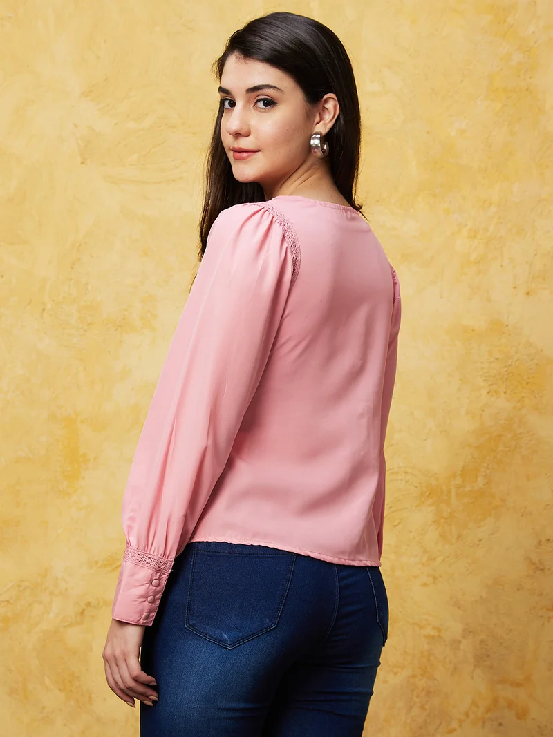 جلو باص Women Peach V-Neck Puff Sleeves Shirt Style Top