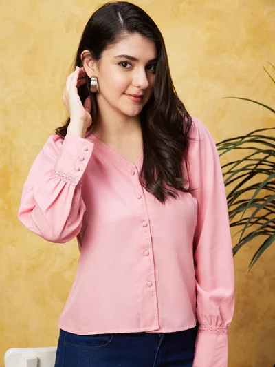 جلو باص Women Peach V-Neck Puff Sleeves Shirt Style Top