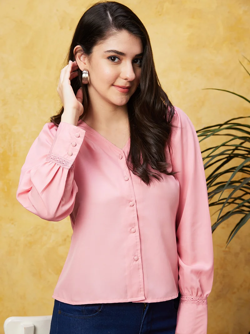 جلو باص Women Peach V-Neck Puff Sleeves Shirt Style Top