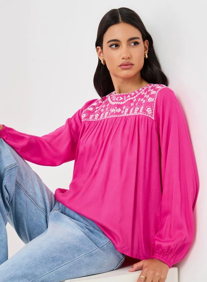 Styli Styli Pink Embroidered Relaxed Fit Blouse