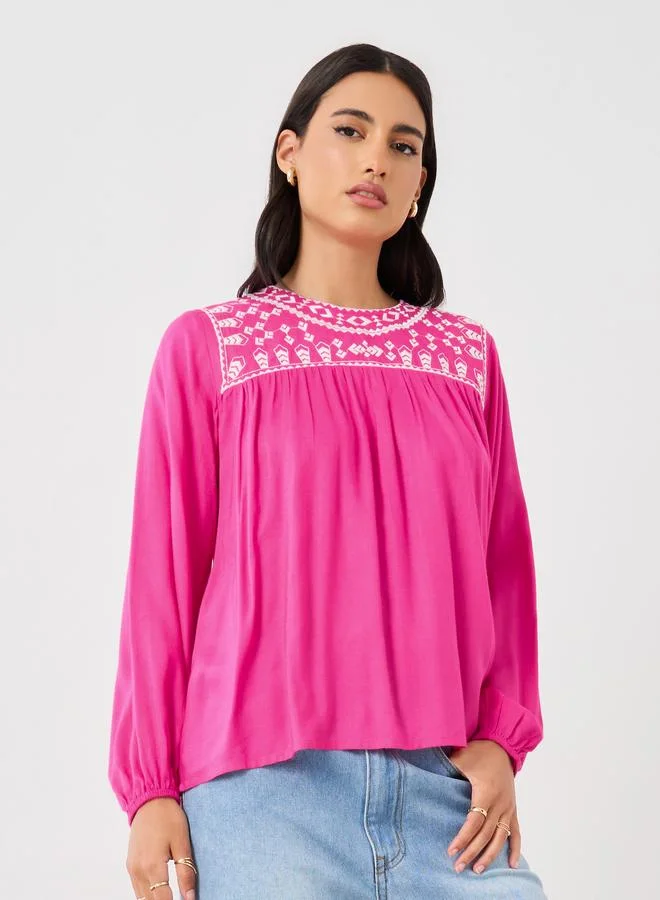 Styli Styli Pink Embroidered Relaxed Fit Blouse