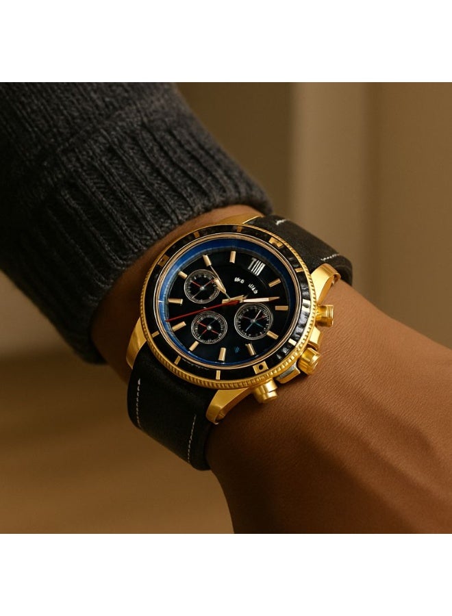 Elegant Analog Wrist Watch with Luxury Design – Gold Case, Dark Dial & Black Strap - Image 3