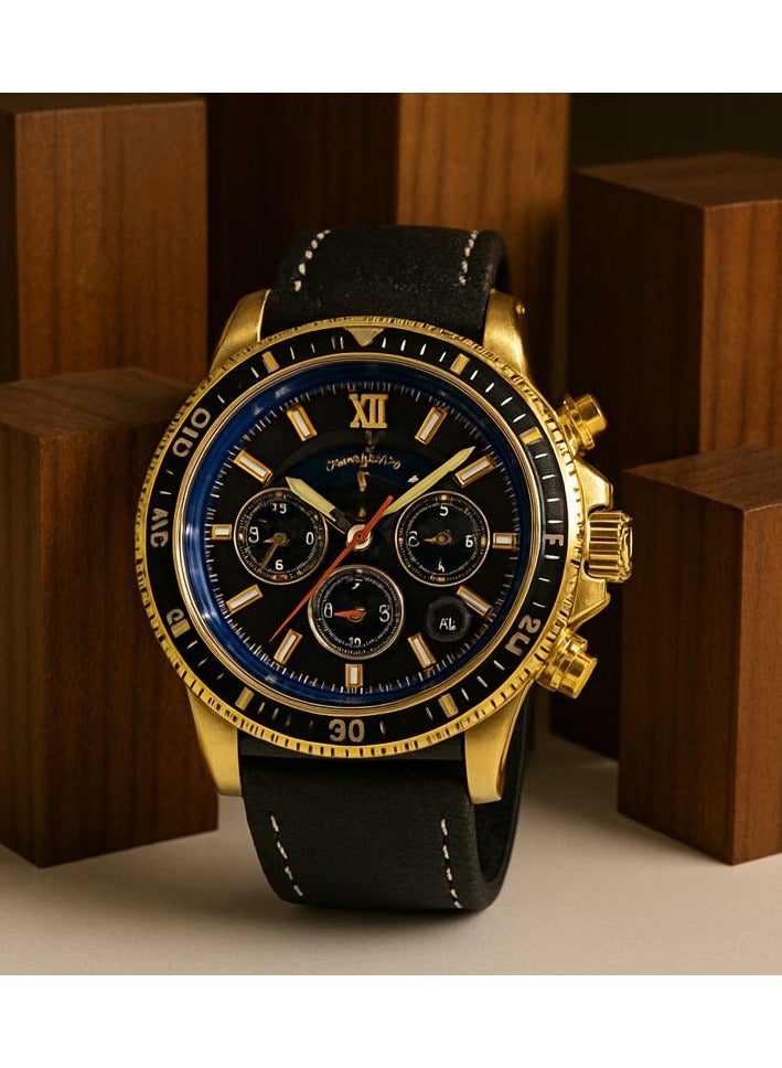 Elegant Analog Wrist Watch with Luxury Design – Gold Case, Dark Dial & Black Strap - Image 1