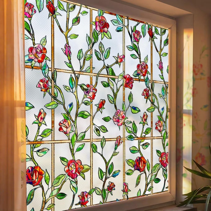 STAINED GLASS WINDOW PRIVACY FILM 3D ROSE FLORAL DECORATIVE FROSTED STATIC CLING BATHROOM HEAT CONTROL SUN BLOCKING WINDOW STICKER NON ADHESIVE DOOR COVERING169 X 394 INRED
