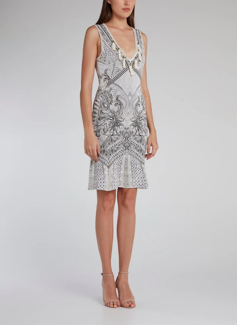 roberto cavalli Grey Tassel Detail Baroque Knit Dress