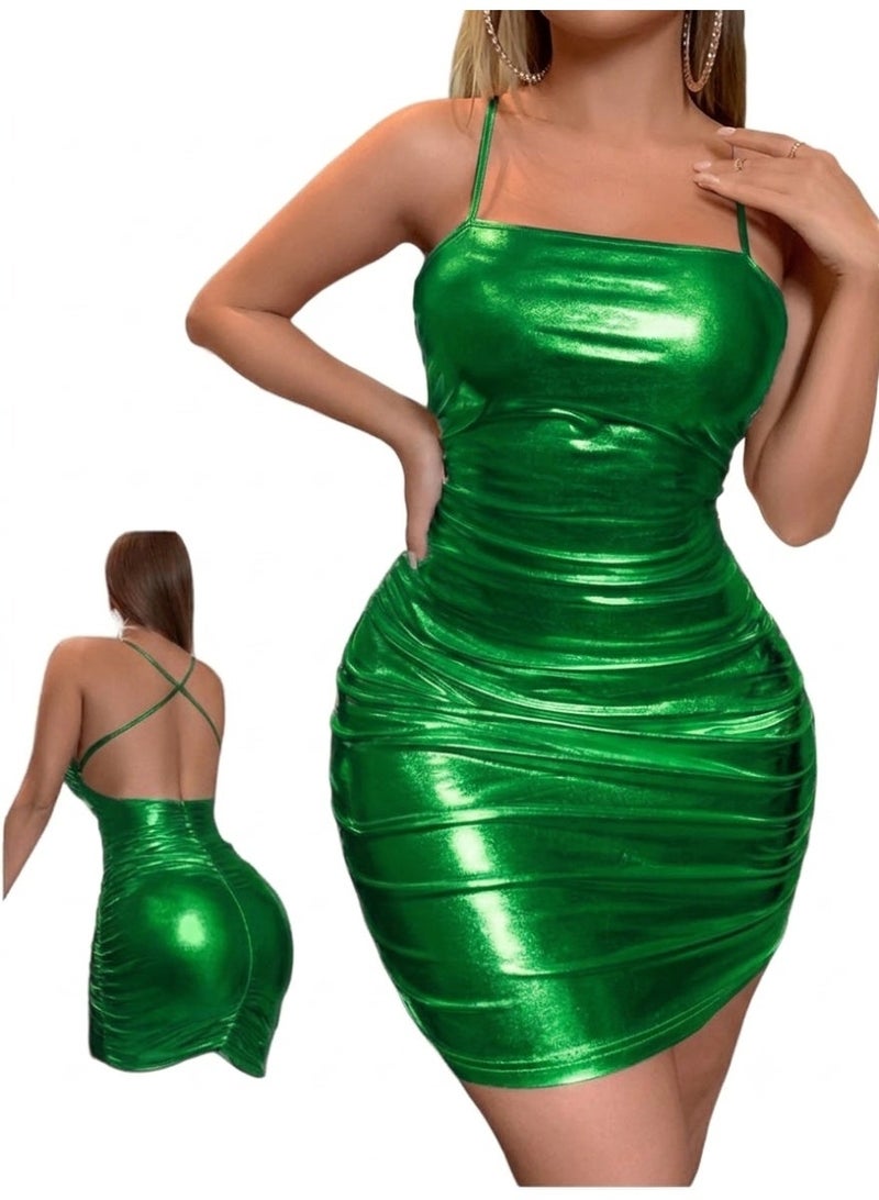 Imported Faux Leather Bodycon Mini Dress for Women Sexy Sleeveless Party Dress Backless Clubwear Fashion Dress Stretch Slim Fit Night Out Dress Elegant Shiny Mini Dress Free Size Up to 65 KG - Image 1