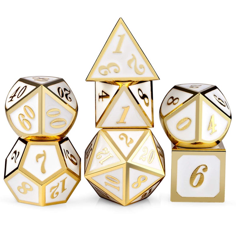 DnDnD White with Gold Number DND Dice Sets,Solid Metal Die with Free Gorgeous Metal Tin for Dungeons and Dragons D&D Role Playing Game Tabletop Games - Image 1