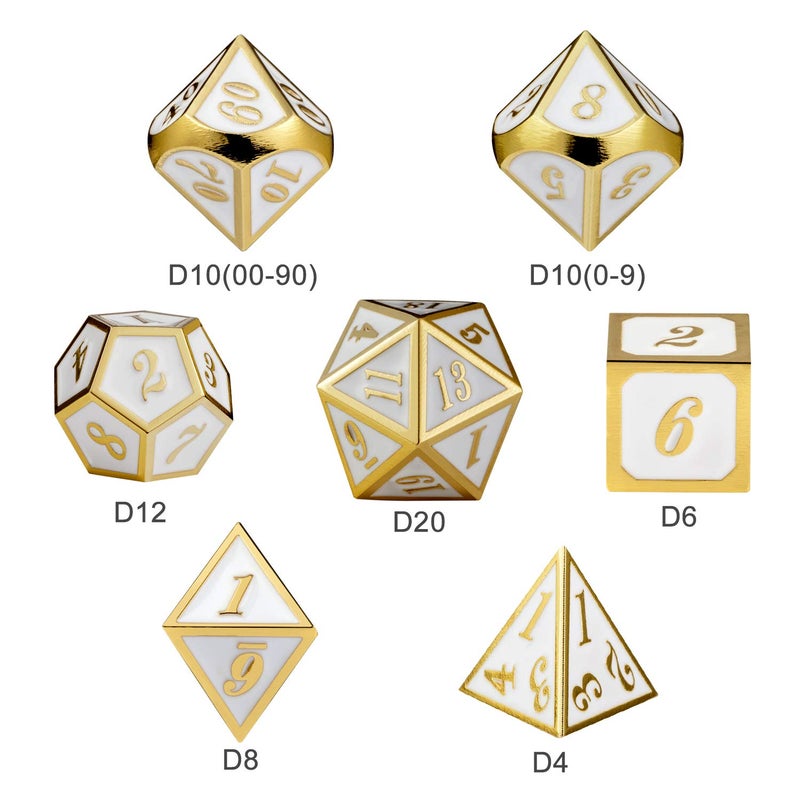 DnDnD White with Gold Number DND Dice Sets,Solid Metal Die with Free Gorgeous Metal Tin for Dungeons and Dragons D&D Role Playing Game Tabletop Games - Image 3