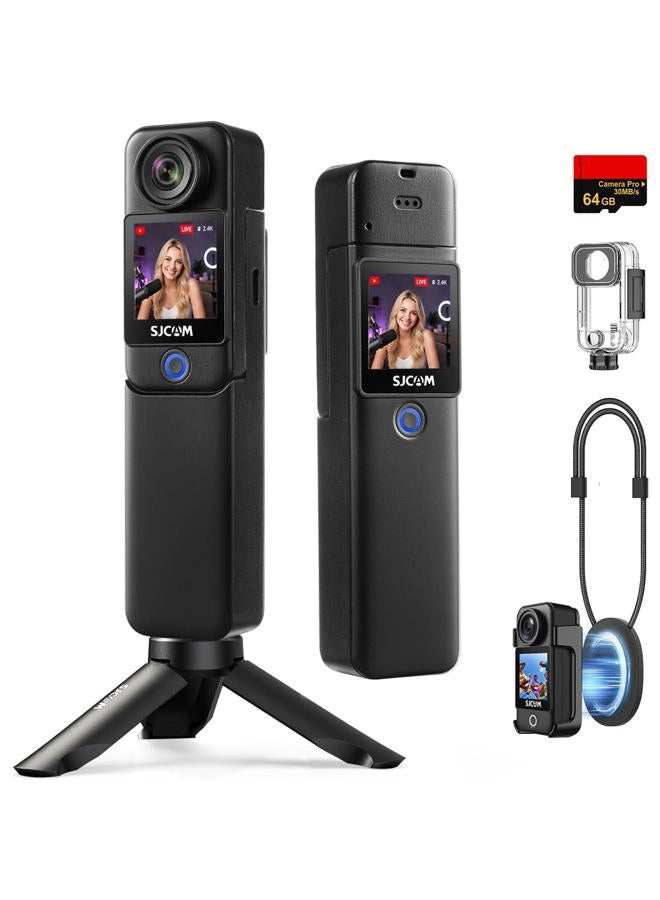 SJCAM C300 Vlogging Combo, 4K Pocket Action Camera,7Hour Power,6-Axis Stabilization,Dual-Touch Screen 154° Wide FOV Video Body Camera,Waterproof,Live Streaming,with Accessories Kits,64G Card,Black - Image 1