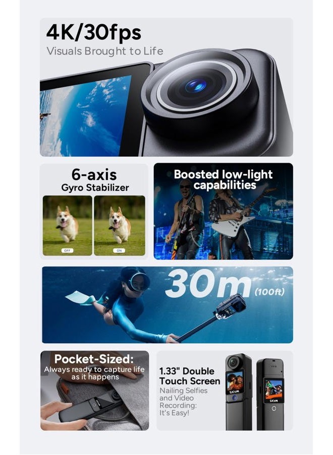 SJCAM C300 Vlogging Combo, 4K Pocket Action Camera,7Hour Power,6-Axis Stabilization,Dual-Touch Screen 154° Wide FOV Video Body Camera,Waterproof,Live Streaming,with Accessories Kits,64G Card,Black - Image 3