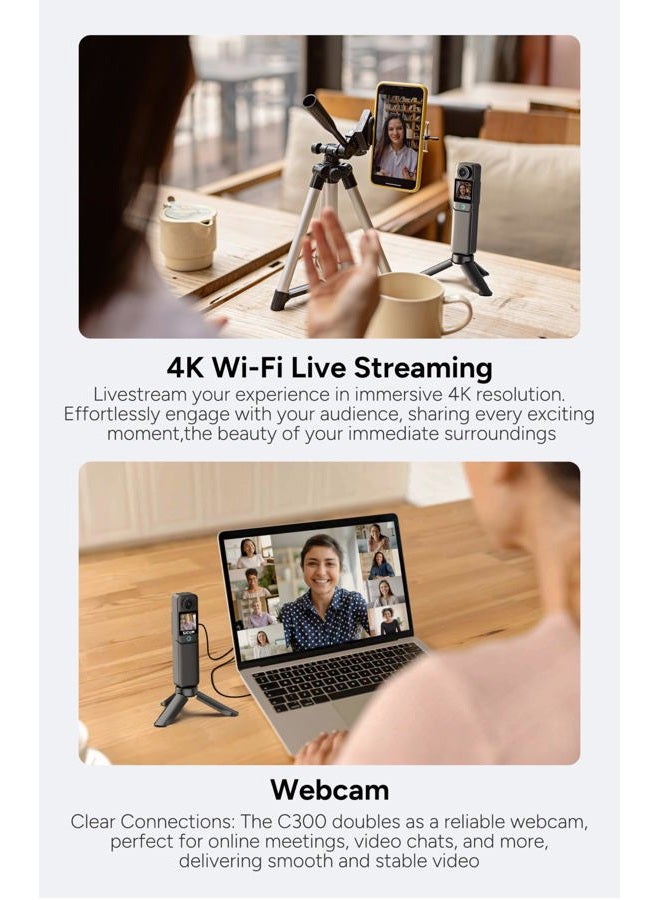 SJCAM C300 Vlogging Combo, 4K Pocket Action Camera,7Hour Power,6-Axis Stabilization,Dual-Touch Screen 154° Wide FOV Video Body Camera,Waterproof,Live Streaming,with Accessories Kits,64G Card,Black - Image 2
