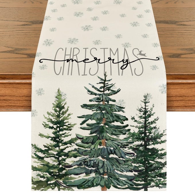 BEIGE PINE TREE SNOWFLAKE MERRY CHRISTMAS TABLE RUNNER SEASONAL WINTER XMAS HOLIDAY KITCHEN DINING TABLE DECORATION FOR HOME PARTY DECOR 13 X 48 INCH