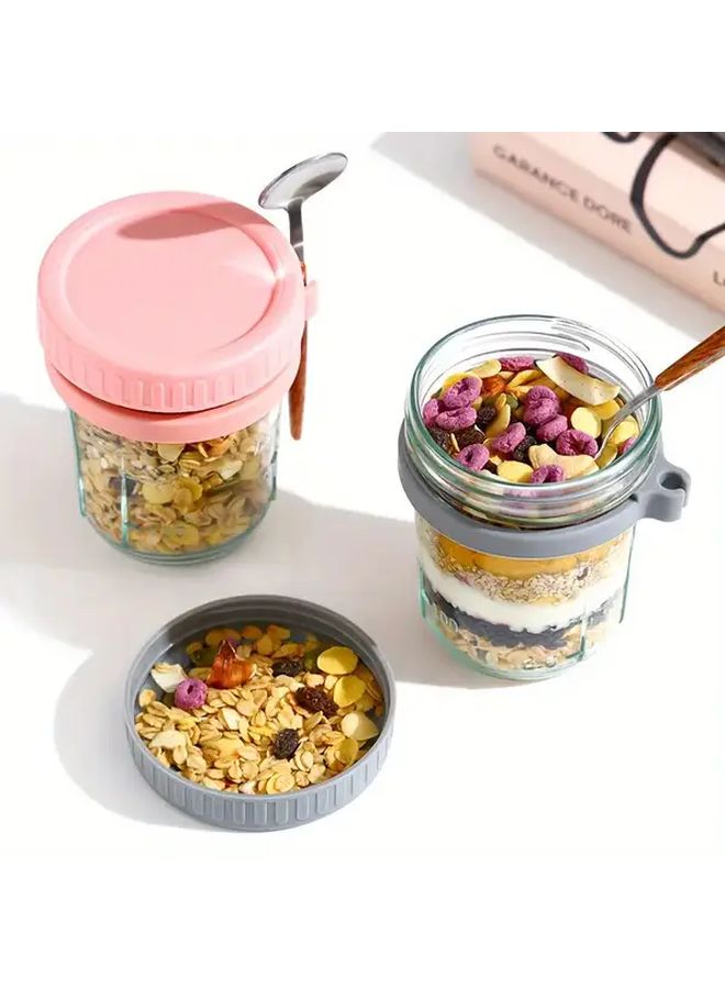 2 Pcs Glass Oat Cups With Spoons And Scales Grey Pink Portable Breakfast Salad Yogurt Containers Storage Boxes For Family Meals Gifts Christmas Halloween Festivals - Image 3