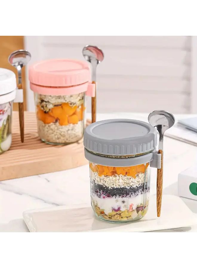 2 Pcs Glass Oat Cups With Spoons And Scales Grey Pink Portable Breakfast Salad Yogurt Containers Storage Boxes For Family Meals Gifts Christmas Halloween Festivals - Image 4