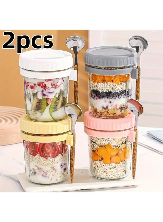 2 Pcs Glass Oat Cups With Spoons And Scales Grey Pink Portable Breakfast Salad Yogurt Containers Storage Boxes For Family Meals Gifts Christmas Halloween Festivals - Image 1