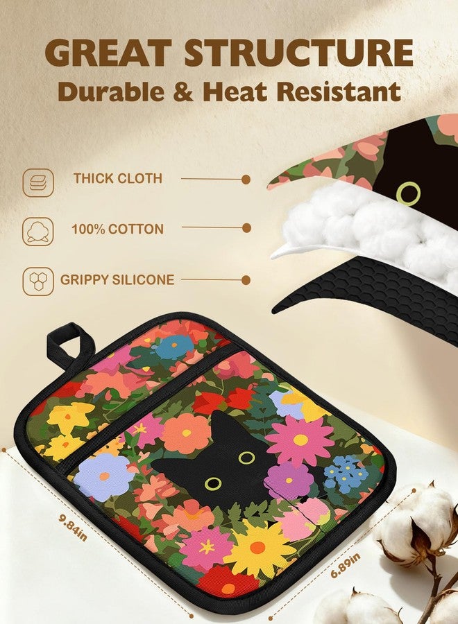 Slohif Cute Silicone Oven Mitts Heat Resistant for Women,Black Cat 100% Cotton Long Oven Mittens Gloves, Non-Slip Thick Kitchen Oven Mits Set with Hanger for Baking and Cooking Gifts - Image 2