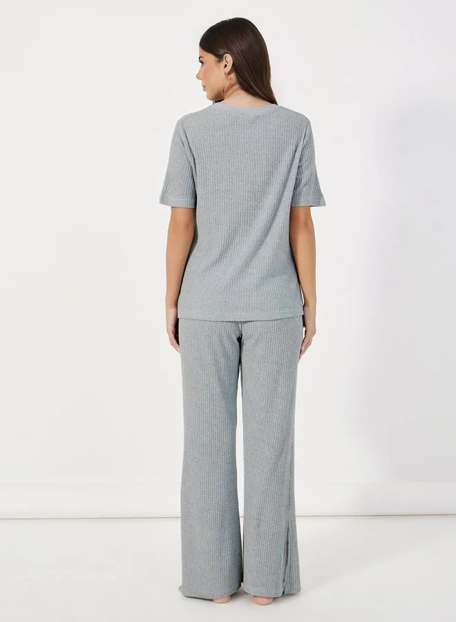 Styli Ribbed Round Neck Top & Wide Leg Pants Pyjama Set