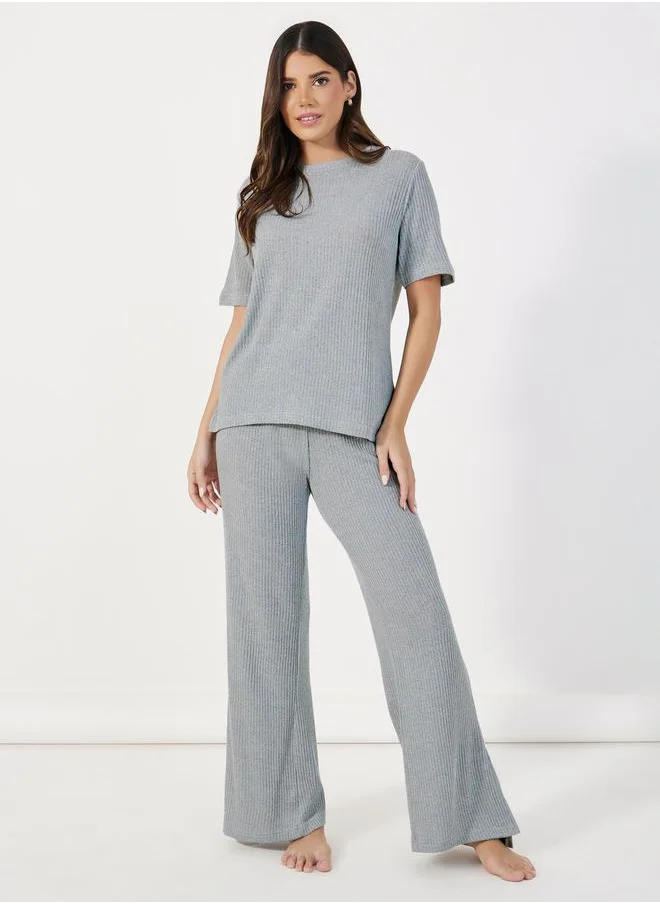 Styli Ribbed Round Neck Top & Wide Leg Pants Pyjama Set