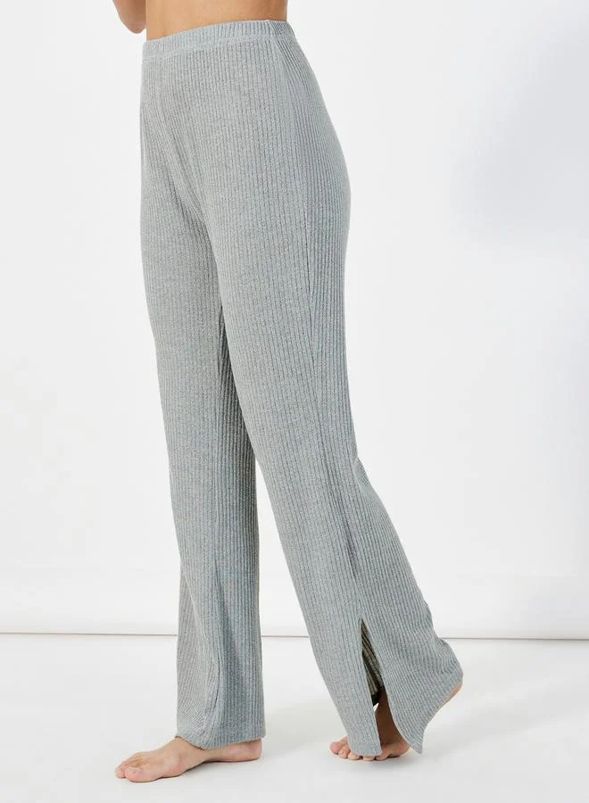 Styli Ribbed Round Neck Top & Wide Leg Pants Pyjama Set