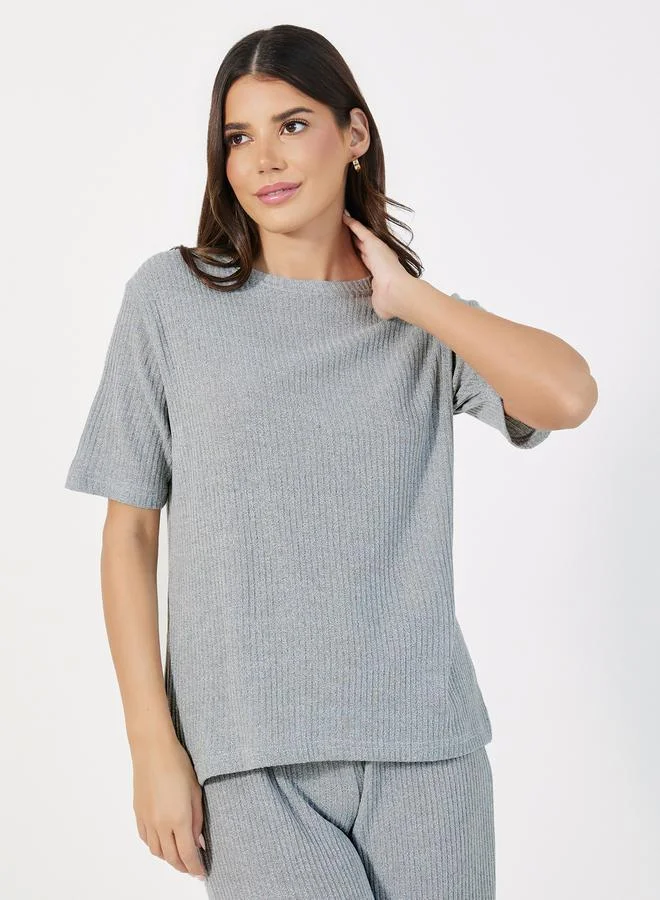 Styli Ribbed Round Neck Top & Wide Leg Pants Pyjama Set