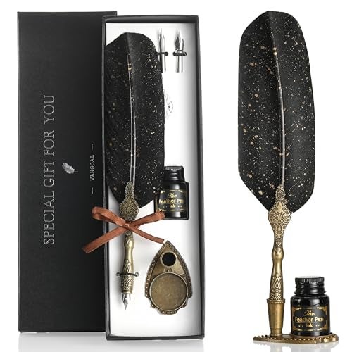 VANGOAL Vintage Black Feather Pen and Ink Set Classic Series Goose Quill With Carving Stand Calligraphy Nibs Black Dip Ink Antique Writing Gift for Writer - Image 1