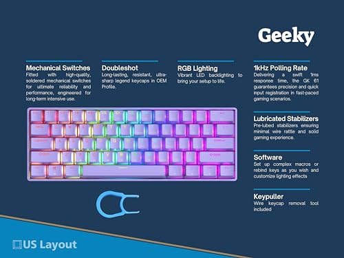 Geeky GK61 SE 60% | Mechanical Gaming Keyboard | 61 Keys Multi Color RGB LED Backlit for PC/Mac Gamer | ANSI US American Layout (Lavender, Mechanical Speed Yellow) - Image 2