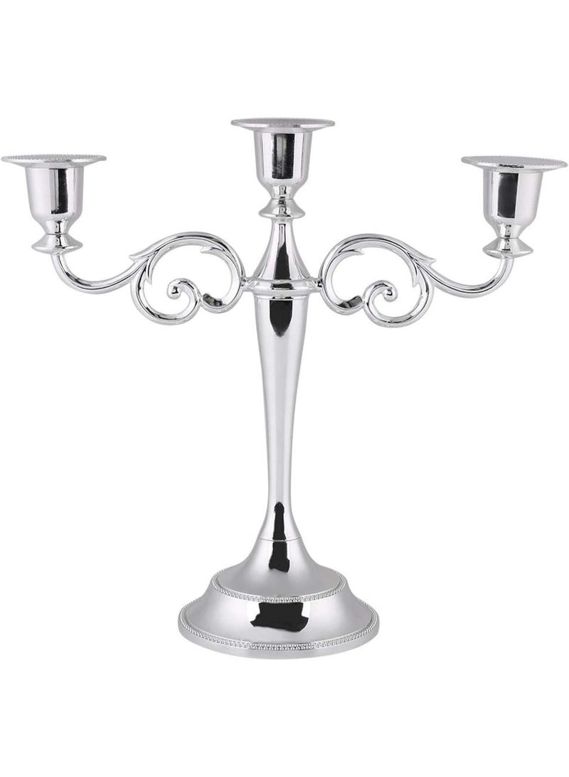 3 Arms Metal Candelabra, European Retro Elegant Candle Holder, 10.6 Inch Tall Candlestick Centerpiece Pillar Candle Stand for Wedding, Dining Table, Halloween Christmas Party, Home Decoration ,Silver - Image 1