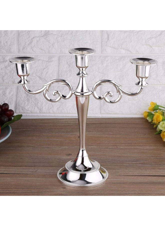 3 Arms Metal Candelabra, European Retro Elegant Candle Holder, 10.6 Inch Tall Candlestick Centerpiece Pillar Candle Stand for Wedding, Dining Table, Halloween Christmas Party, Home Decoration ,Silver - Image 2