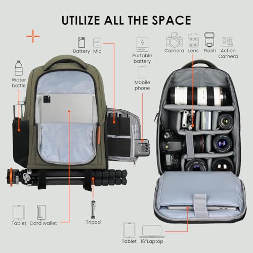 TARION Large Camera Backpacks for Photographers - Waterproof Camera Bag Photography backpack with 15.6" Laptop Compartment Rain Cover Side Access Tripod Holder(TB04 Green) - Image 2