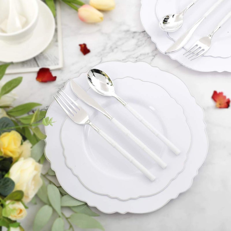 WDF 60pcs Silver Plastic Plates-Baroque White &Silver Plates for Upscale Parties &Wedding-including 30Plastic Dinner Plates 10.25inch  30 Salad Plates 7.5inch - Image 3