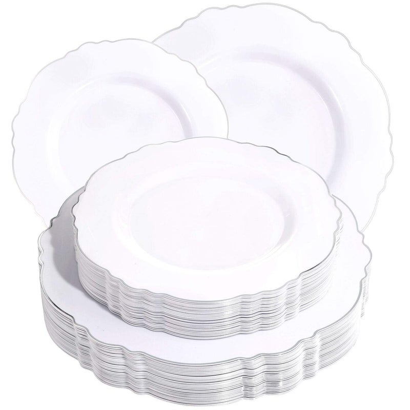 WDF 60pcs Silver Plastic Plates-Baroque White &Silver Plates for Upscale Parties &Wedding-including 30Plastic Dinner Plates 10.25inch  30 Salad Plates 7.5inch - Image 1