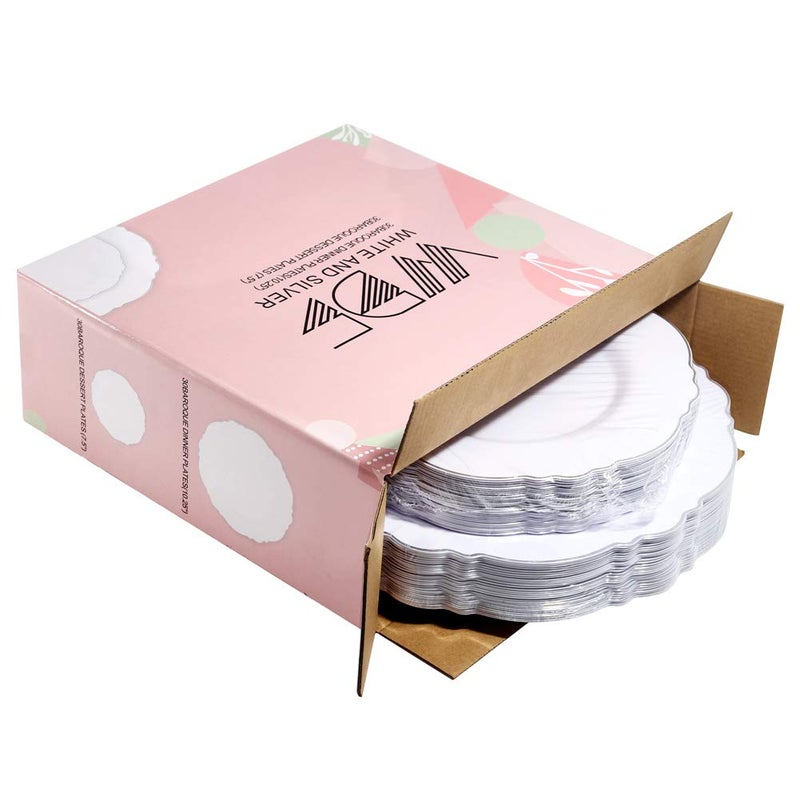 WDF 60pcs Silver Plastic Plates-Baroque White &Silver Plates for Upscale Parties &Wedding-including 30Plastic Dinner Plates 10.25inch  30 Salad Plates 7.5inch - Image 5