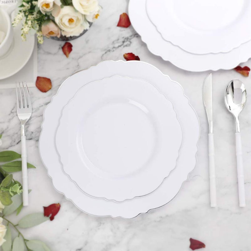 WDF 60pcs Silver Plastic Plates-Baroque White &Silver Plates for Upscale Parties &Wedding-including 30Plastic Dinner Plates 10.25inch  30 Salad Plates 7.5inch - Image 4