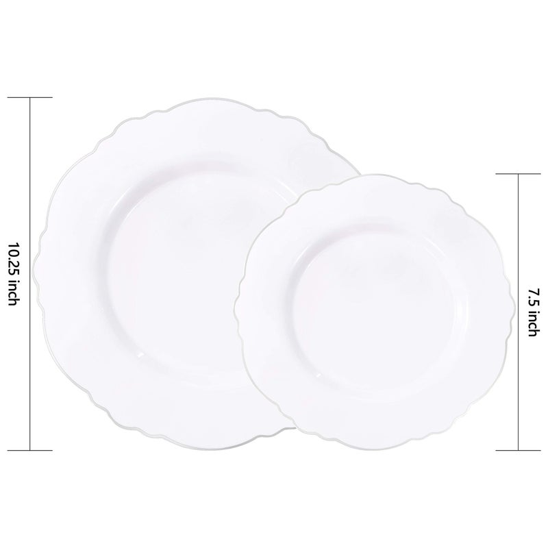 WDF 60pcs Silver Plastic Plates-Baroque White &Silver Plates for Upscale Parties &Wedding-including 30Plastic Dinner Plates 10.25inch  30 Salad Plates 7.5inch - Image 2