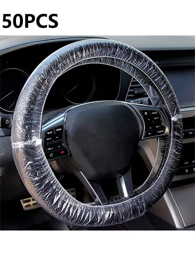 50PCS Universal Disposable Steering Wheel Cover Plastic Transparent Car Steering Wheel Covers with Elastic Trims for Steering Wheels - Image 1
