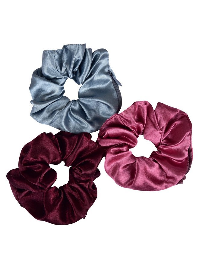 Nnr Satin Silk Scrunchies With Secret Zip Pocket Rubber Band For Girls And Women, Pack Of 3 Pcs - Multicolor 3 - Image 1