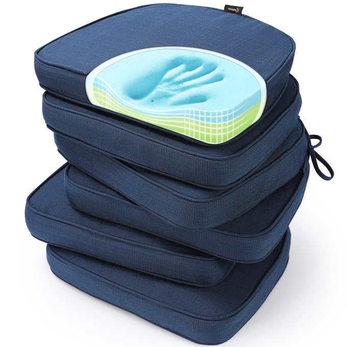 GEL MEMORY FOAM CHAIR CUSHIONS FADESHIELD WATER STAINRESISTANT DURABLE REVERSIBLE SEAT CUSHION PADS WITH TIES FOR INDOOROUTDOOR KITCHEN DINING OFFICE 17X16 SET OF 6 NAVY