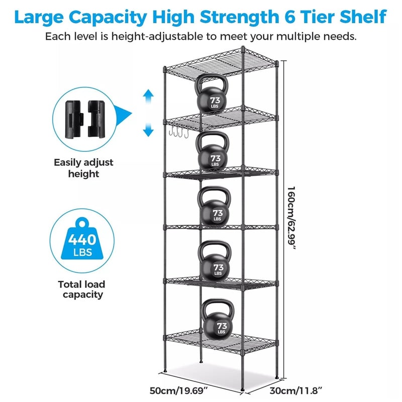 STORACK STORACK Height Adjustable 6Shelf Heavy Duty Rack Black Steel Black Coated Chrome Finish Tiered Shelf Free Standing 30X14X72 inch  - Image 5