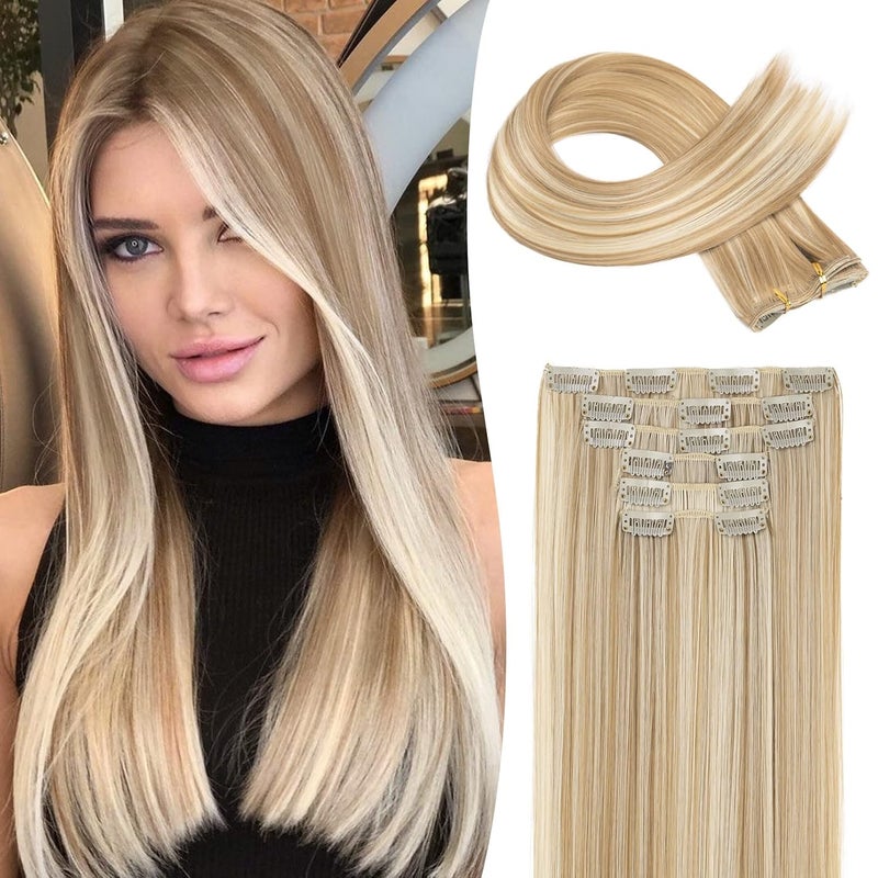 LONAI Clip in hair extensions 6PCS Straight 24 Hair Extensions for WomenHeat Resistant Synthetic HairpieceDark Blonde with Highlights