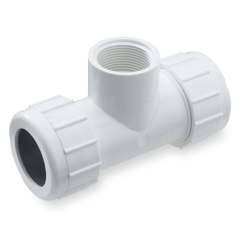 NDS PVC Compression Tee, 1" IPS UC x 1" UC x 1" FPT, White – Durable Leak-Resistant Tee Fitting with Adjustable Nuts for Corrosion-Free Pipe Connections - Image 2