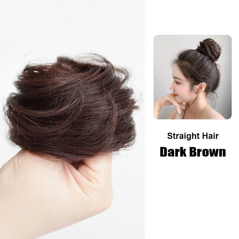 Messy Bun Hair Extensions: Dark Brown Straight Heat-resistant Synthetic Hair - Soft Natural Gloss Elastic Hairpiece for Daily Wear Prom Party Wedding - Image 1