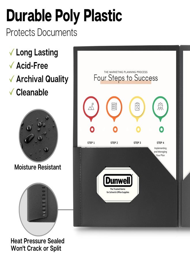 Dunwell Plastic Folders with Pockets (Black, 3 Pack), 2 Pocket Poly Folders for School, Home or Office, Durable Acid-Free Poly, Includes Removable Adhesive Labels - Image 2