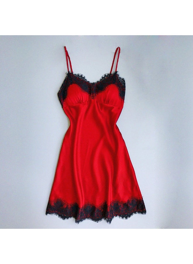 Women's V-Neck Lace Trim Spaghetti Straps Nightdress  Red