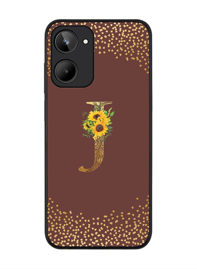 Stylizedd Rugged Black edge case for Realme 10 4G Slim fit Soft Case Flexible Rubber Edges Anti Drop TPU Gel Thin Cover -  Custom Monogram Initial Letter Floral Pattern Alphabet - J  (Brown ) - Image 1