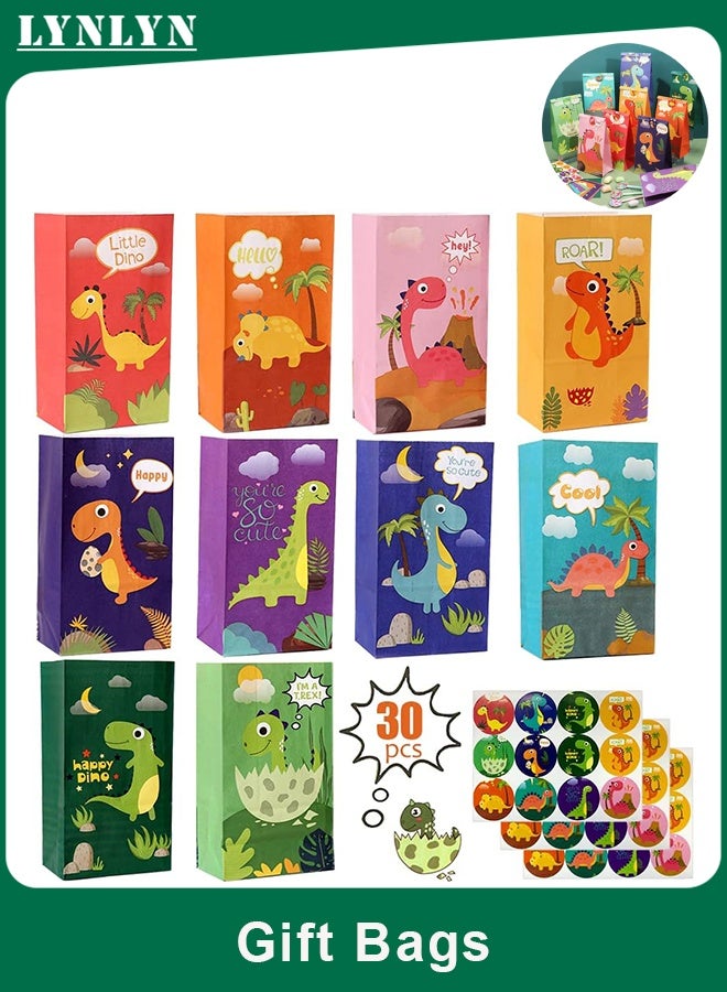 LYNLYN 30 Thick Dino Paper Gift Bags with 36 Stickers, Dinosaur Party Favor Bags, Recyclable Candy Treat Bags for Kids’ Birthday, Baby Shower - Image 1