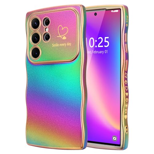 LCHULLE for Samsung Galaxy S24 Ultra Case for Women Girls, Cute Wave Frame Curly Shape with Love Heart Camera Protection Luxury Plating Shockproof Case for Galaxy S24 Ultra 5G, Colorful Dark Purple - Image 1