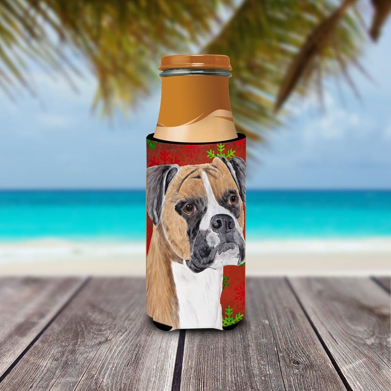 Caroline's Treasures Caroline's Treasures SC9430MUK Boxer Red and Green Snowflakes Holiday Christmas Ultra Hugger for slim cans Can Cooler Sleeve Hugger Machine Washable Drink Sleeve Hugger Collapsible Insulator Beverage  - Image 2