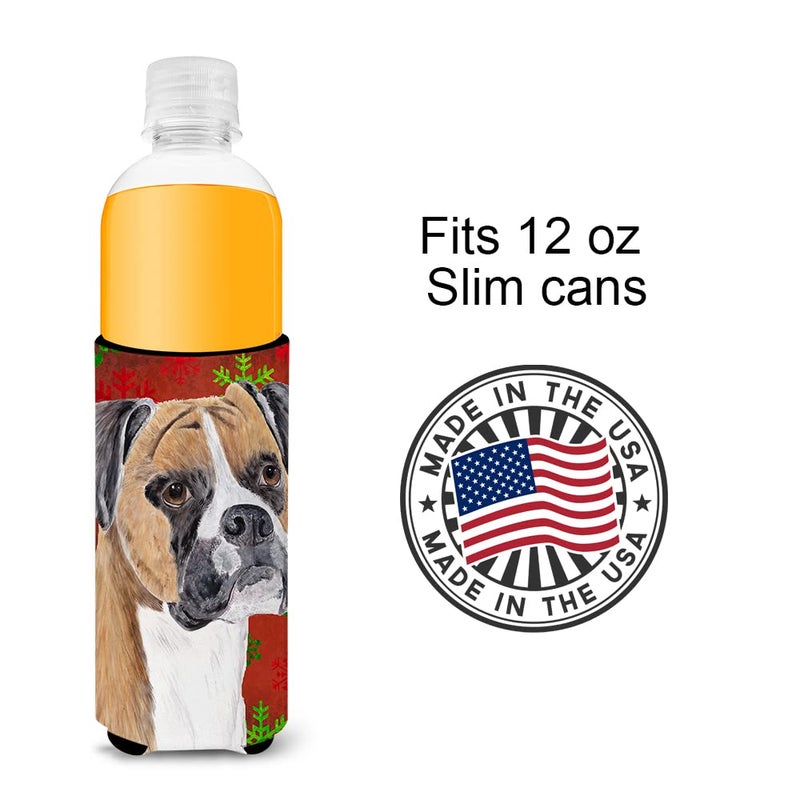Caroline's Treasures Caroline's Treasures SC9430MUK Boxer Red and Green Snowflakes Holiday Christmas Ultra Hugger for slim cans Can Cooler Sleeve Hugger Machine Washable Drink Sleeve Hugger Collapsible Insulator Beverage  - Image 3