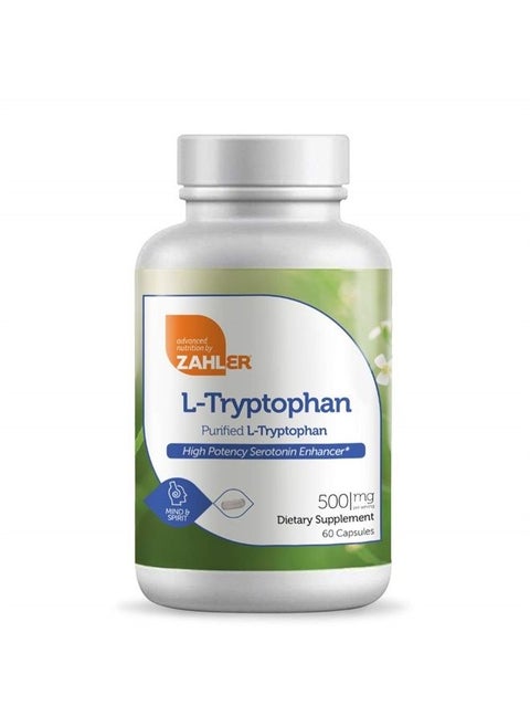 L-Tryptophan 500mg Supplement, High Potency Serotonin Booster, Certified Kosher, 60 Capsules