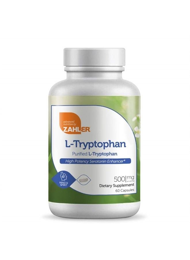 Zahler - L-Tryptophan 500mg Supplement, High Potency Serotonin Booster, Certified Kosher, 60 Capsules - Image 1